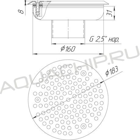 Водозабор круглый c сетчатой крышкой RunvilPools, D=160 мм, 30 м3/ч, 2 1/2 наружн. низ, нерж. сталь AISI-304, универсальный