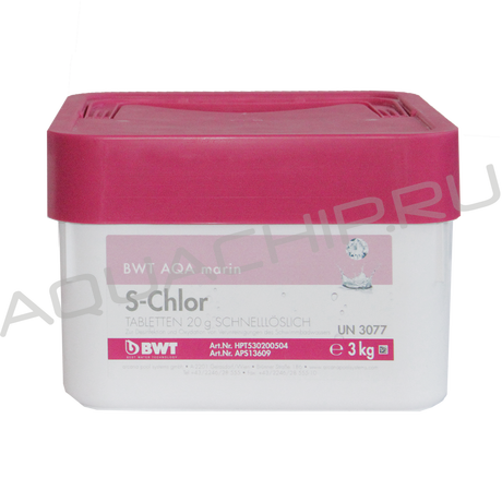 BWT AQA marin S-Chlor, быстрорастворимый хлор, таблетки (20 г), ведро 3 кг
