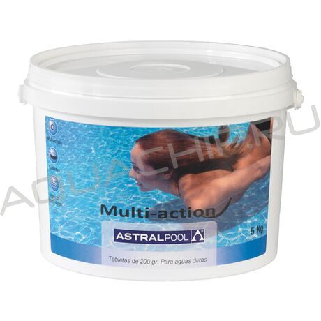 AstralPool Мультихлор для жесткой воды медленнорастворимый хлор-альгицид-флокулянт, таблетки (250 г), ведро 5 кг
