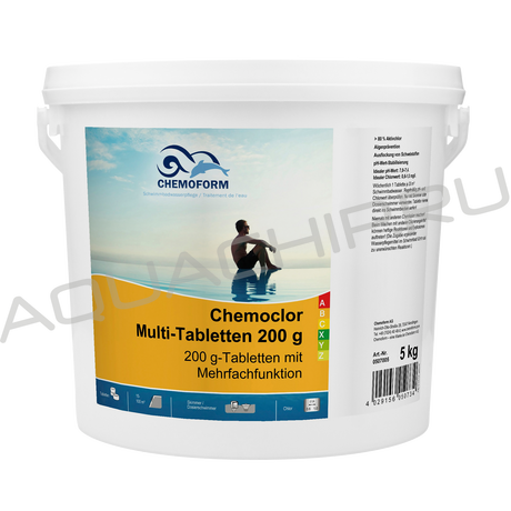 Chemoform Все-в-одном, хлор 80% медленнорастворимый-альгицид-флокулянт в мультитаблетках (200 г), 5 кг